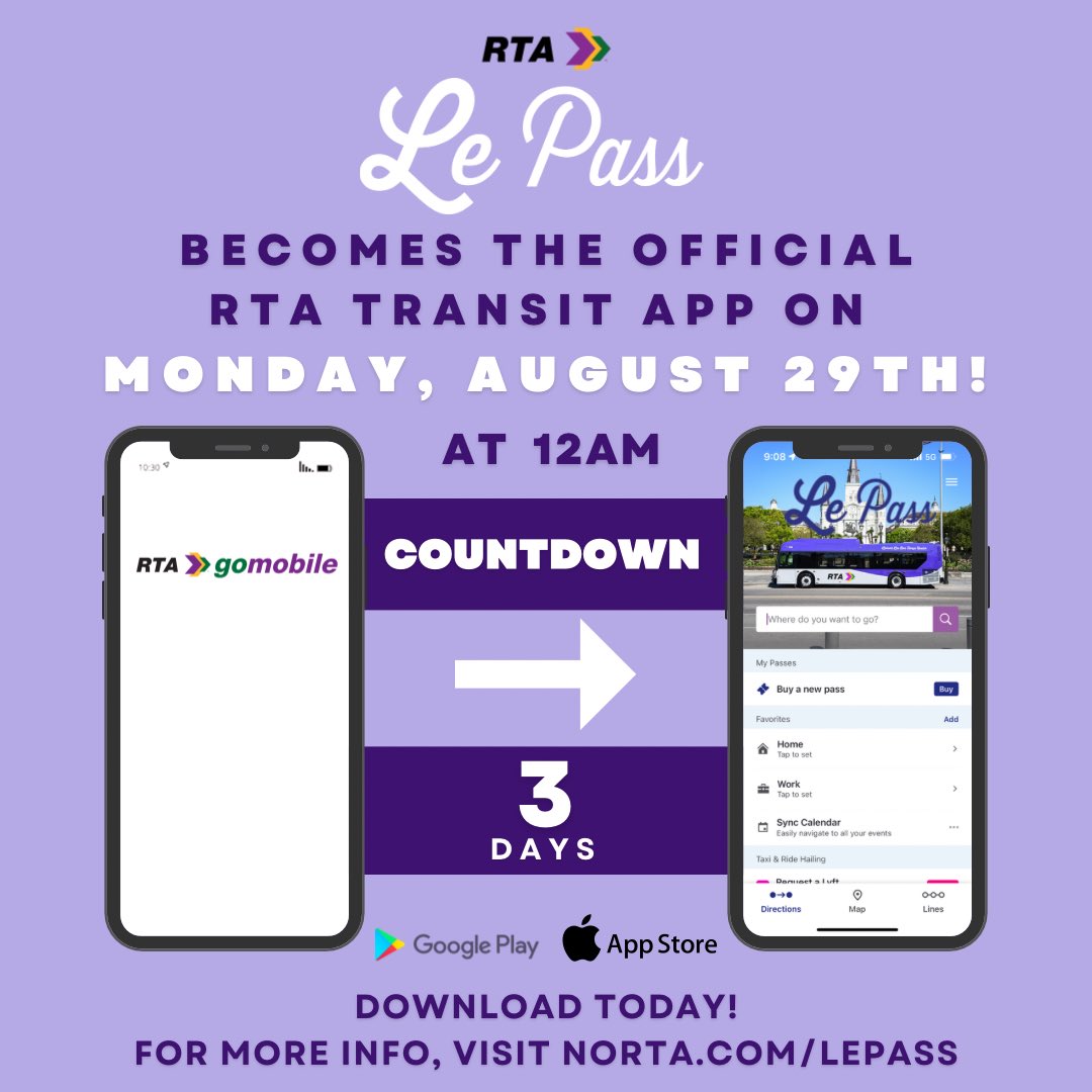 rtaforward's tweet photo. The countdown is here!! We're just 3 days away before Le Pass becomes #RTA's official app. Our current app, GoMobile, will be deactivated this Sunday, August 28th, at 11:59pm! It's important that you don't wait to download the new #LePass app!#publictransit #ridewithus 🧵1/2 https://t.co/aUX8poLfyw