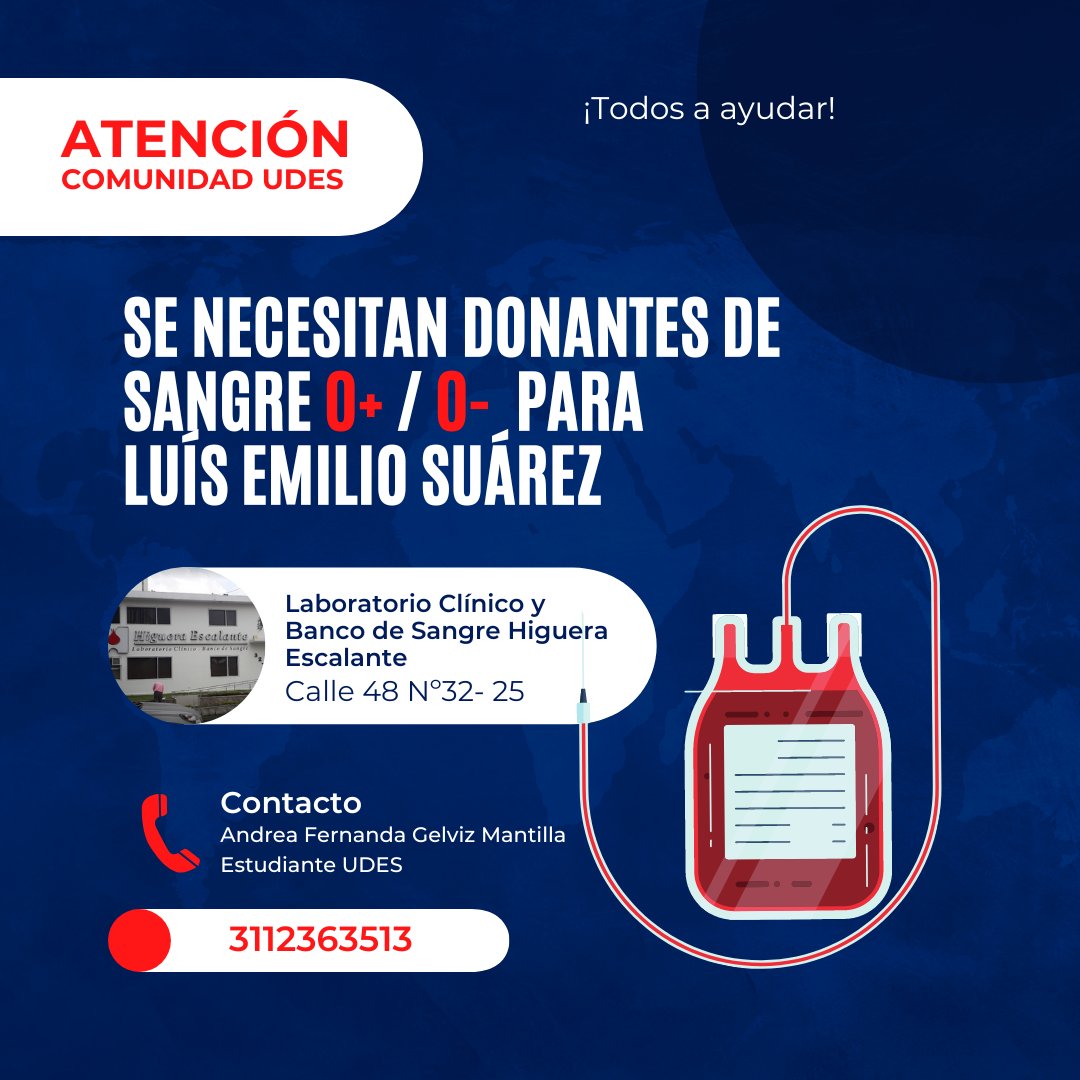 udes_oficial's tweet photo. #ServicioSocial |🩸¡EstudianteUDES requiere de nuestro apoyo! Si cumples con los requisitos para #donarsangre no dudes en acercarte hasta las instalaciones del Laboratorio Clínico Higuera Escalante de #Bucaramanga
📞Contacto 3112363513 👩🏻 Andrea Fernanda Gelviz- #EstudianteUDES💙 https://t.co/t1bk8LaSIn