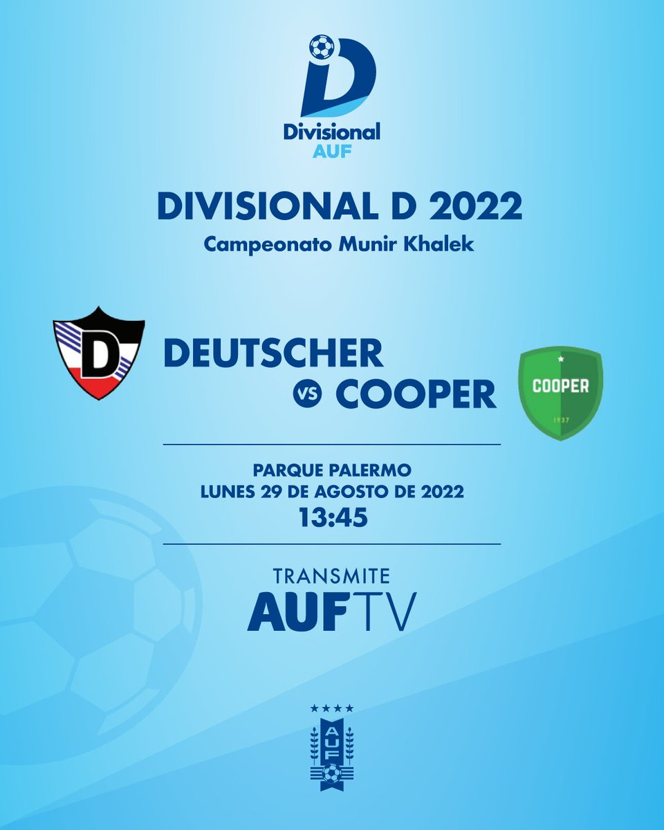 😎 ¡𝗔𝗿𝗿𝗮𝗻𝗰𝗮 𝗹𝗮 𝘀𝗲𝗺𝗮𝗻𝗮 𝗰𝗼𝗻 𝗳𝘂́𝘁𝗯𝗼𝗹!

Este lunes, mirá EN VIVO por AUF.TV el partido entre <a href="/deutscher_FK/">Deutscheroficial</a> y <a href="/CooperCsyd/">CSyD Cooper</a>.

¡Seguí la previa desde las 13.30h!

➡️ 3a fecha
🏟️ Parque Palermo 
📺 AUF.TV

#DivisionalD