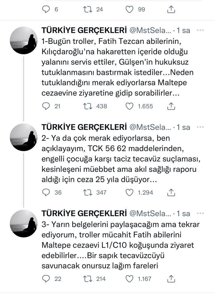 Ben MERVE TEZCAN eşim FATİH TEZCAN hakkında atılan bu ahlaksız,asılsız,çirkin iftiraların tutuklanma sebebiyle hiç bir ilgisi yoktur!Kendisinin de tutuklanmadan önce belirttiği sebeplerden dolayı süreç devam etmektedir.Allah düşmanın da şereflisini,ahlaklısını versin!!