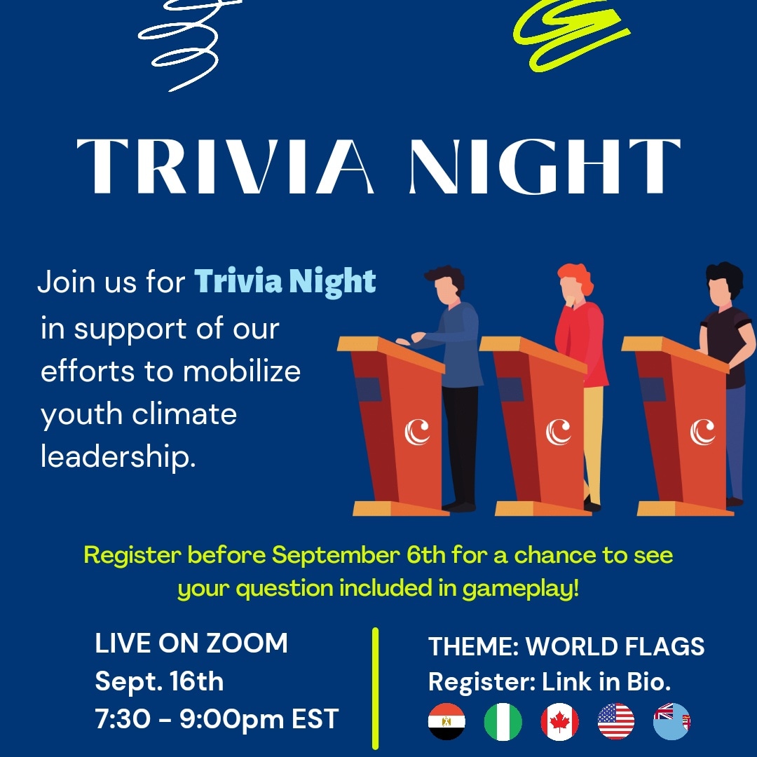 careboutclimate's tweet photo. Join us at our Trivia Night for a chance to win a secret swag surprise from CAC!!!

Register at the link in our bio by September 6th for a chance to submit your question for our general knowledge category. 
Link:https://t.co/0dq8TwmtlM

#TriviaNight4COP27 https://t.co/E3EeagewqT