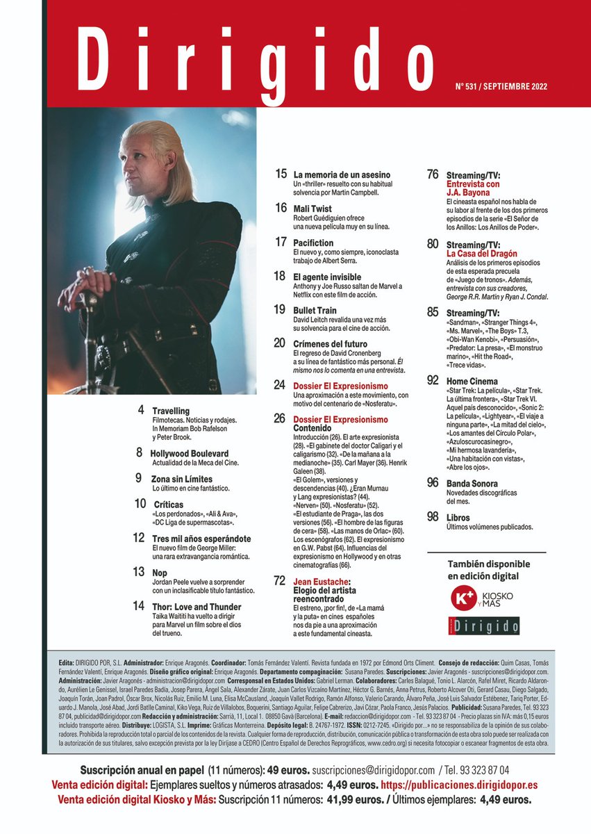 Dirigido_por's tweet photo. "El Señor de los Anillos: Los Anillos de Poder" + "La Casa del Dragón" + Cronenberg + Miller + Serra + Eustache. Dossier Expresionismo. Entrevistas con J.A. Bayona y George R.R. Martin. ¡¡¿Y todavía hay quien no la lee?!! https://t.co/DUqoy7e4NH