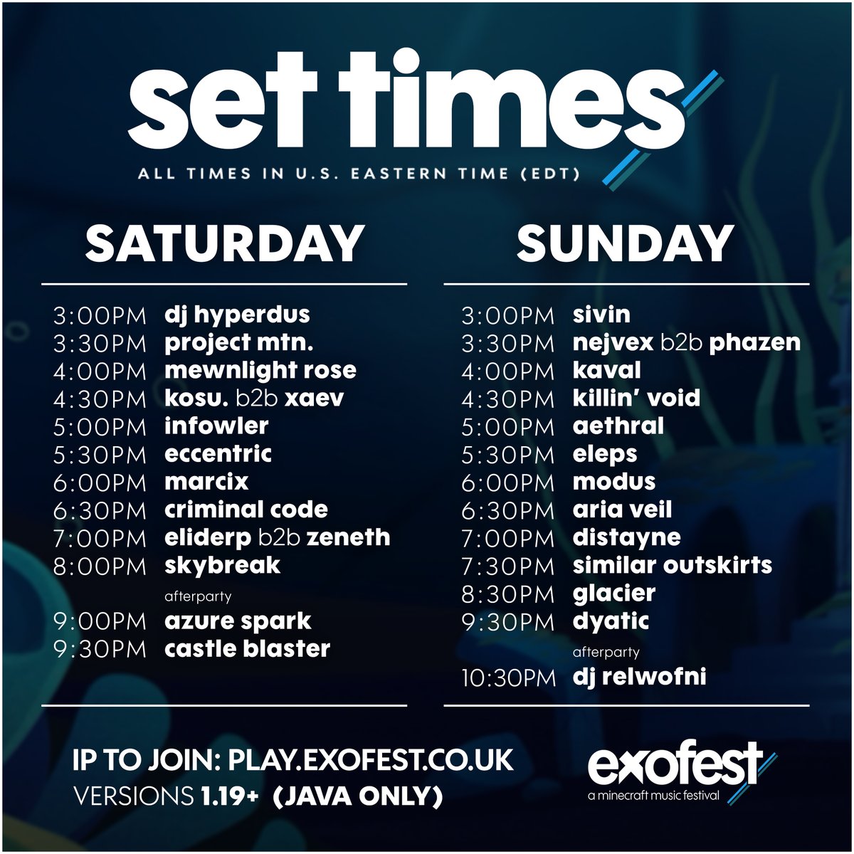 exoboltofficial's tweet image. 🚨 SET TIMES 🚨

HERE THEY ARE! The set times for both days of Exofest. There are so many talented people playing this weekend, and we hope to see you all there tomorrow at 3pm EDT! 💙