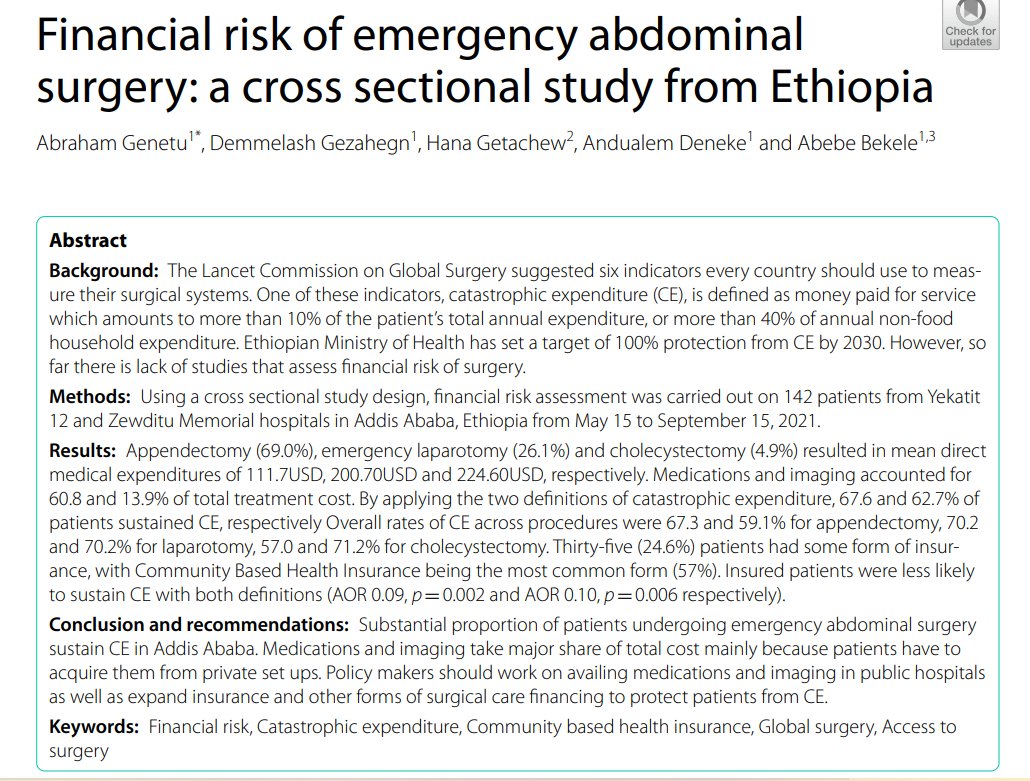AbrahamGenetuT's tweet photo. Two-thirds of patients treated at two public hospitals in Addis sustained catastrophic expenditure from having emergency abdominal surgery. Physical availability is not enough if not affordable. https://t.co/8LaeA62g4q