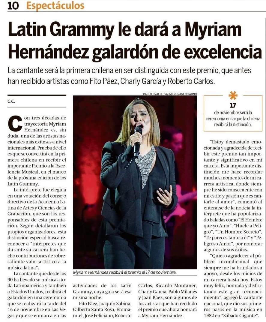 ChefAmyrianado's tweet photo. GALARDÓN DE EXCELENCIA MUSICAL 🏅 

La @LatinGRAMMYs le dará a nuestra artista @MyriamHN  galardón de excelencia 👉 https://t.co/pBgMWOSbIN   @hoyxhoycl  / @MyriamHNPer @jorgesaintjean https://t.co/WDkcPqXYAi