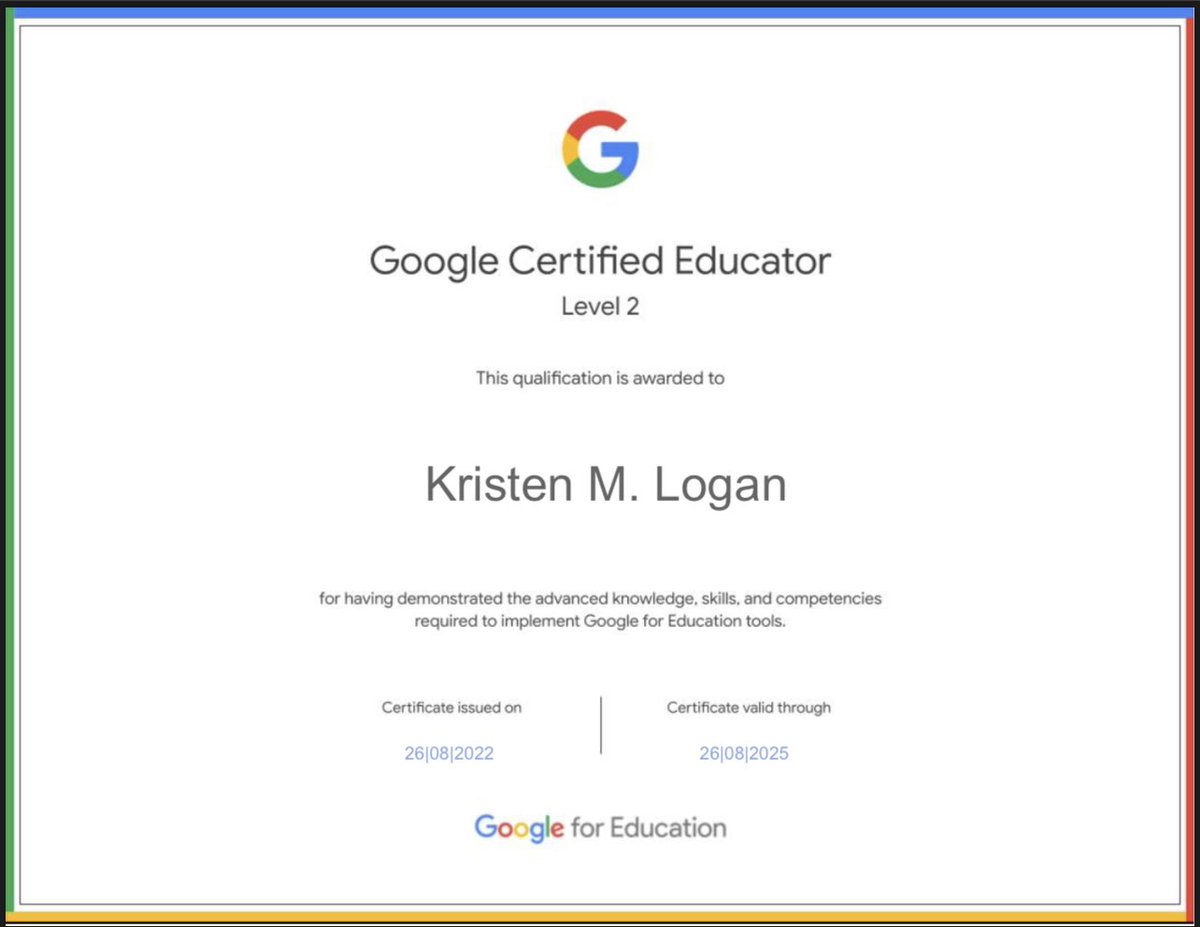 kristenmlogan's tweet photo. Feeling so proud to have this certification! I was totally stressing out! #googlecertifiedteacher #gsdtech @GraniteEdTech https://t.co/Rp9q4uQrqL