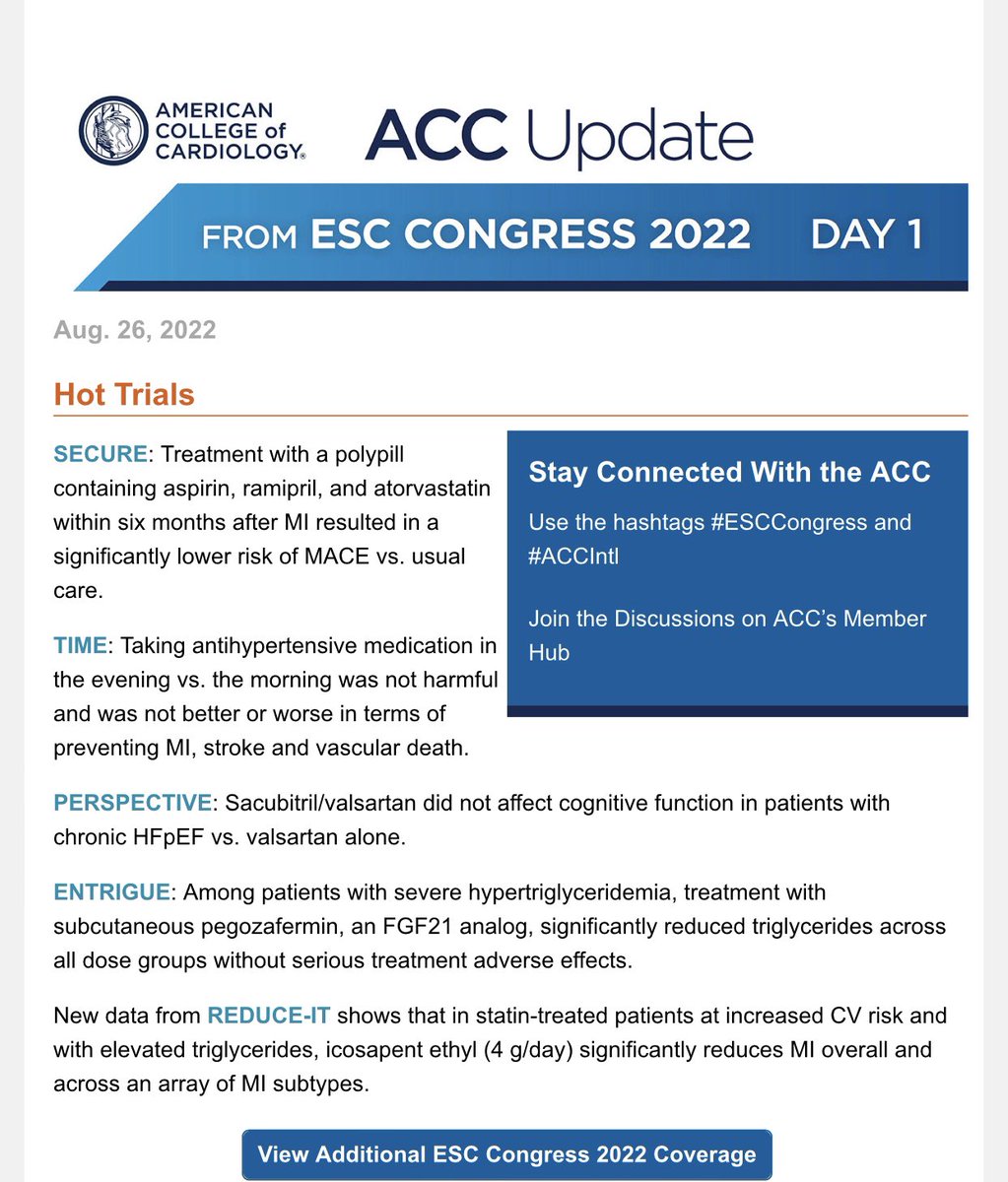 HanCardiomd's tweet photo. Hotline trials results from #ESCCongress 2022 DAY 1
#SECURE
#TIME
#PERSPECTIVE
#ENTRIGUE
#REDUCE-IT
#ACCInt #JACC @ESCardioNews @escardio @ACCinTouch @JACCJournals @ErinMichos @mirvatalasnag @CMichaelGibson @mmamas1973 @DrMarthaGulati @hvanspall @pabeda1 @ShelleyWood2 https://t.co/1OSycMqLLI