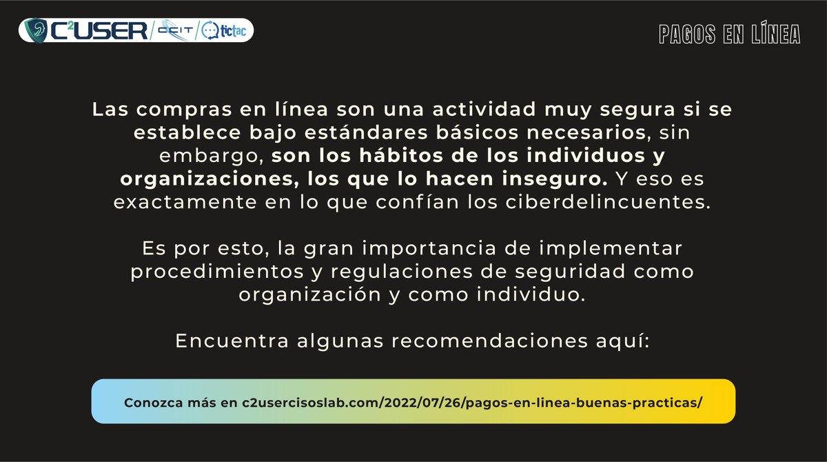 tictac_ccit's tweet photo. #SAFETIPS 📡
Si bien los #pagosenlínea han facilitado muchos procesos de compra, también se han convertido en un foco de robo de información #C2User los invitar a conocer algunas buenas prácticas para evitar caer en engaños https://t.co/372vOz37jU https://t.co/Qo4JjvNhbf