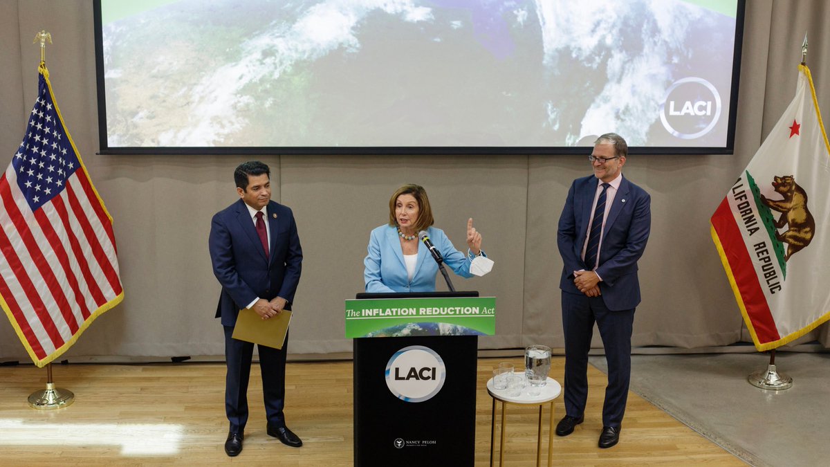 SpeakerPelosi's tweet photo. This week, I joined @RepJimmyGomez at the Los Angeles Cleantech Incubator to discuss Democrats’ historic climate action in the #InflationReductionAct. https://t.co/KlPa7rZR4L
