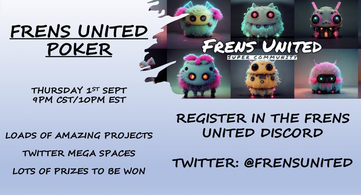 IrishDave_'s tweet photo. Poker Registration is open - Join the @FrensUnited Discord

Links in Bio

Don't miss this. Amazing projects already signed up. Tones of great prizes

@Rax0nRaxx #EngageToEarn  #FrensUnited https://t.co/xmFriJPZoF