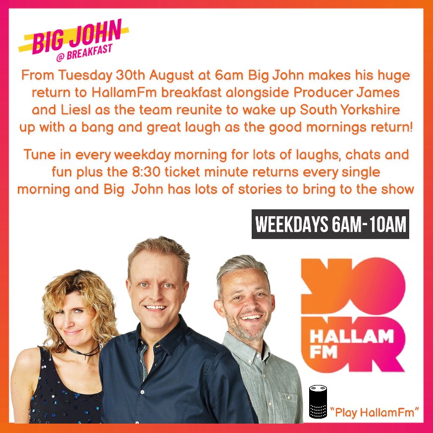 On Tuesday 30th August @BigJohnHallamFM makes his huge return to <a href="/hallamfm/">Hallam FM Memories</a> alongside <a href="/JamesCrookes/">James Crookes</a> and Liesl! 

Big John and the team return with lots of fun laughs and stories about what Big John has been up-to!

🔊hallam.listennow.link/57448 | 🗣‘Play HallamFm’
 | Weekdays 6am-10am