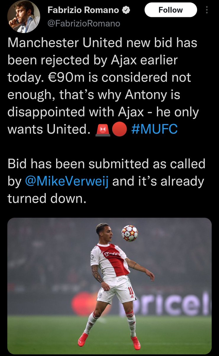 Yeah I hate Man United, but then, i'm against keeping players against their wish.
You keep a player against his will, you kill a part of him for the next season. Antony can never give his 100%.
If this deal doesn't click, I doubt a move to Man U in the future will ever happen https://t.co/uQGP5rf2dh