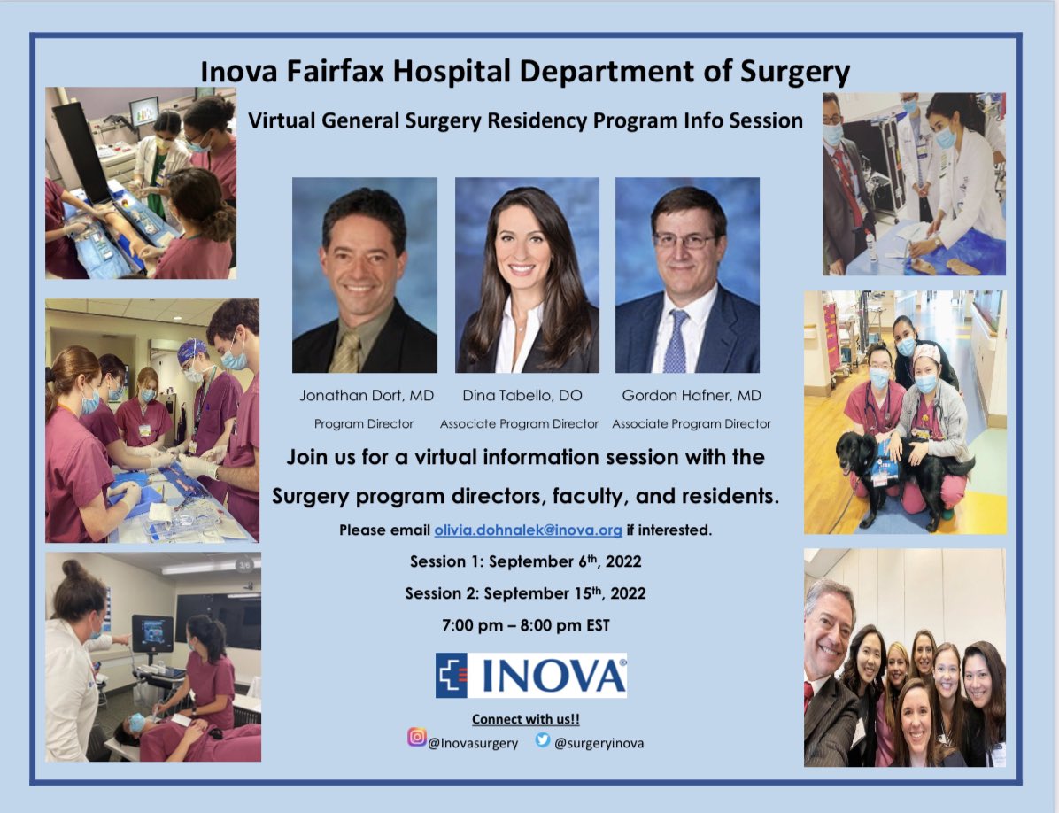 📣 📣📣Join us for a meet and greet <a href="/SurgeryInova/">Inova Surgery Residents</a> on Sept 6th or 15th for #gensurgmatch2023 information! Come see why we love training <a href="/InovaHealth/">Inova</a> and why we are #1 in DC metro and VA! Email for RSVP!