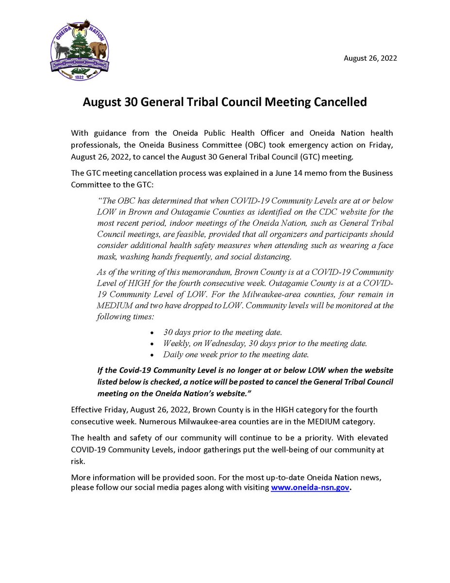 Brown County COVID Community Impact Level High = No GTC Meeting