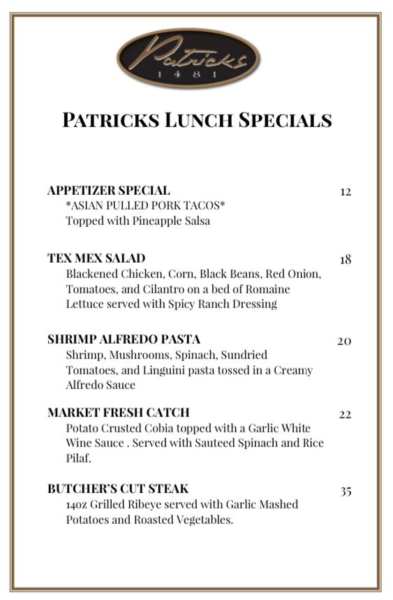Patricks1481's tweet photo. Life’s too short for boring food... check out the lunch, dinner, and drink special(s)!  Let us know which one you are craving to try!

We're open 7 days a week!  Hours Monday-Thursday 11-9 | Friday 11-10 | Saturday 10-10 | Sunday 10-9. https://t.co/jHzP2wgi2L