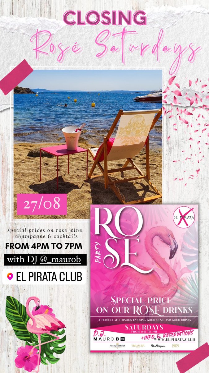 Rosé Saturdays CLOSING PARTY 🌸🦩
Tomorrow 27/08 from 4pm to 7pm
With DJ 🎧 Mauro B
#rosesaturdays #elpirataclub