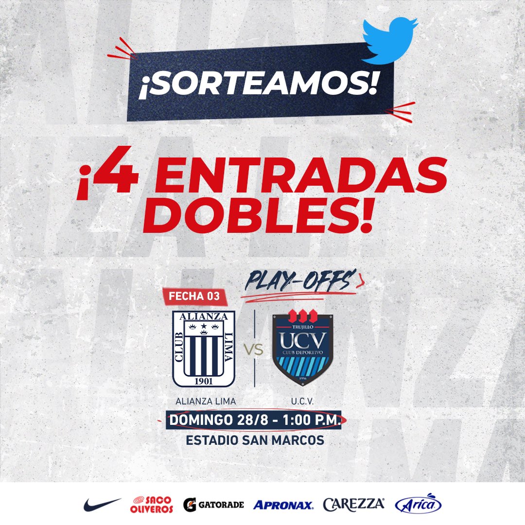 AlianzaLimaFF's tweet photo. ¡Sorteo blanquiazul!🔵⚽️🎟

Premiamos a nuestra hinchada fiel con 4️⃣ entradas dobles para el partido frente a U.C.V.🥳

Pasos: 

1️⃣ Seguir la cuenta.
2️⃣ RT a la publicación.

Los ganadores serán anunciados mañana a las 9:00 p.m. ¡Mucha suerte!🍀💙

#AlianzaLima #LlenemosSanMarcos https://t.co/Gow1A3KOc0