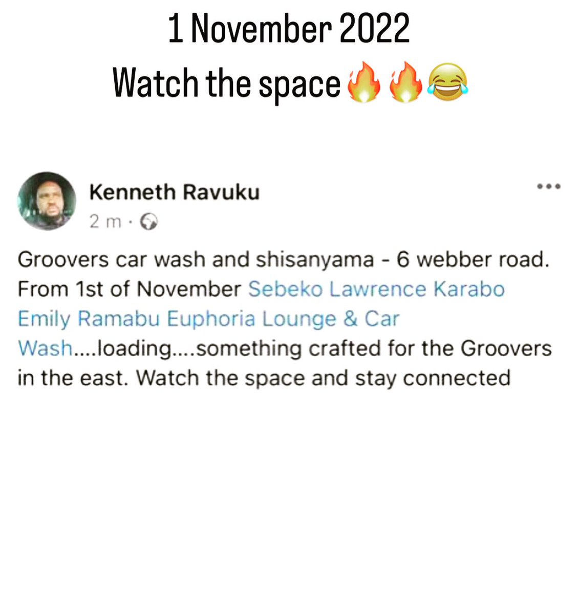 1 November 2022
Watch the space🔥🔥🔥 
#GrooversCarwash&amp;Shisanyama
  
Brought to you by Euphoria Lounge 

More info coming soon……………
Danko