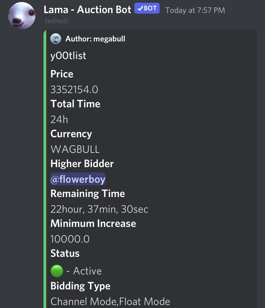 Heavy early action for the <a href="/y00tlist/">y00tlist</a> spot 🐂🔥😤
Current high bid by @Far89412610: 3,352,154 WAGBULL ($1676)