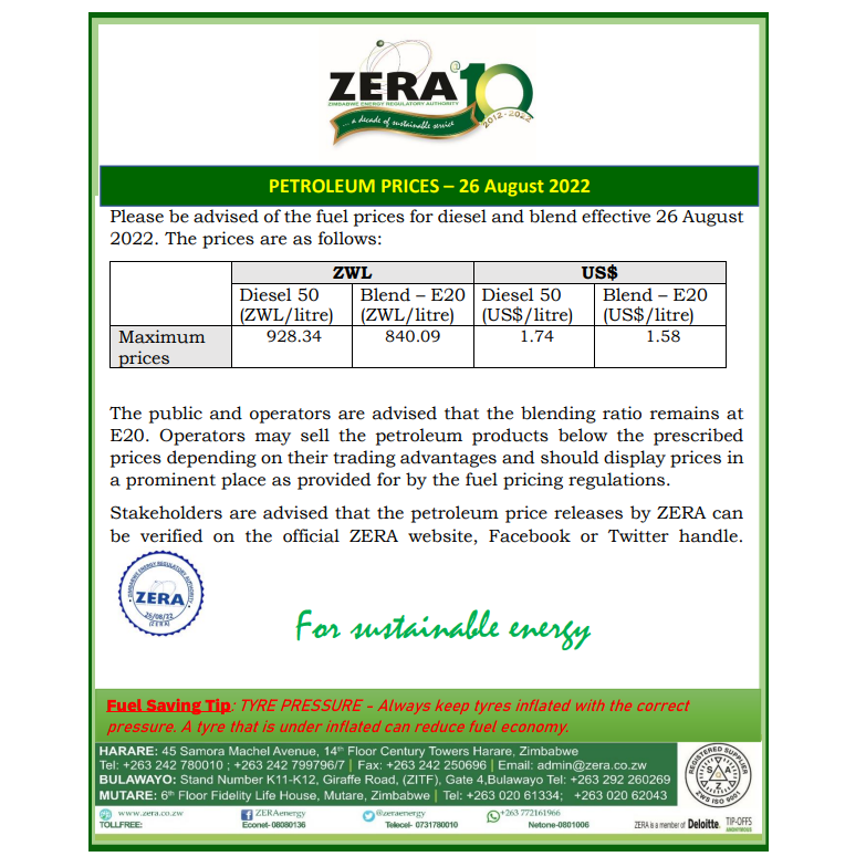 #ZERA Notice: Fuel Price Review 26 August  2022

<a href="/mazeti1/">Edington Tapera</a>
<a href="/official_MOEPD/">Ministry Of Energy And Power Development</a>
<a href="/InfoMinZW/">Ministry of Information, Publicity & Broadcasting</a>
<a href="/HeraldZimbabwe/">The Herald Zimbabwe</a>
<a href="/newswireZW/">newZWire</a>
<a href="/ZBCNewsonline/">ZBC News</a>
<a href="/BusinessTimesZW/">Business Times Zimbabwe</a>
<a href="/ChronicleZim/">The Chronicle</a>
<a href="/ManicaPostZim/">The Manica Post</a>
<a href="/DailyNewsZim/">@DailyNewsZim</a>
<a href="/powerfmzimbabwe/">powerfmzimbabwe</a>
<a href="/capitalkfm/">Capitalk100.4fm</a>
@ZiFMNews
@HevoiNews
<a href="/Bulawayo24News/">Bulawayo24 News</a>
<a href="/263Chat/">263Chat.com 🇿🇼</a>

#ZERAFUELPRICE