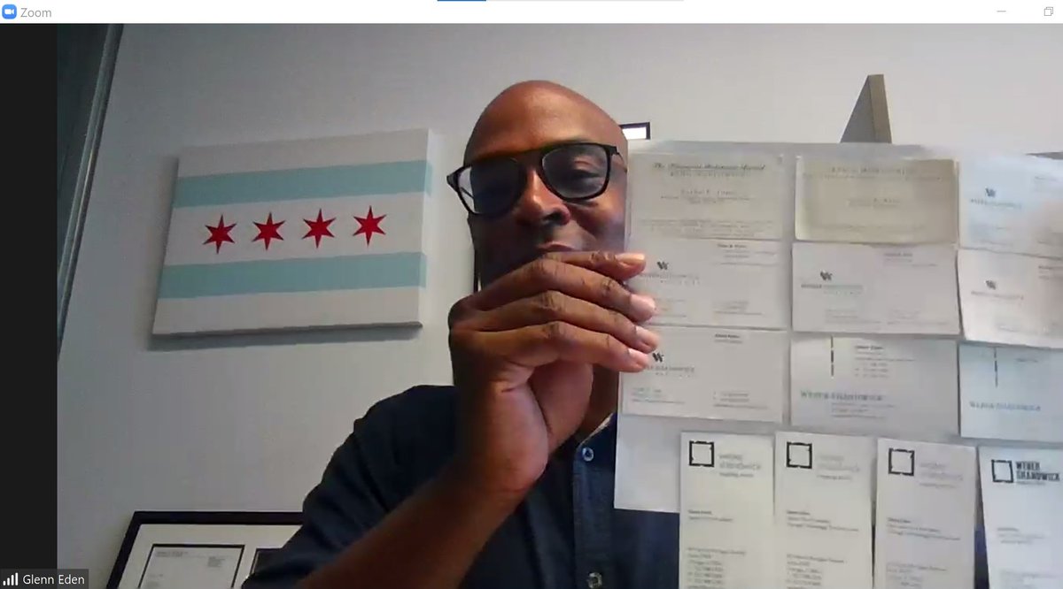 mattragas's tweet photo. Great way to wrap day 1 of the residency for @DePaulPROCMN @CMNDePaul cohort 2 with a visit from @glennbeden (@WeberShandwick & @ChooseChicago) Glenn is holding up 20+ years of business cards, starting from associate to EVP at Weber! #givingback #commsleaders #procomm #PROCMN https://t.co/OU2y5ujg91