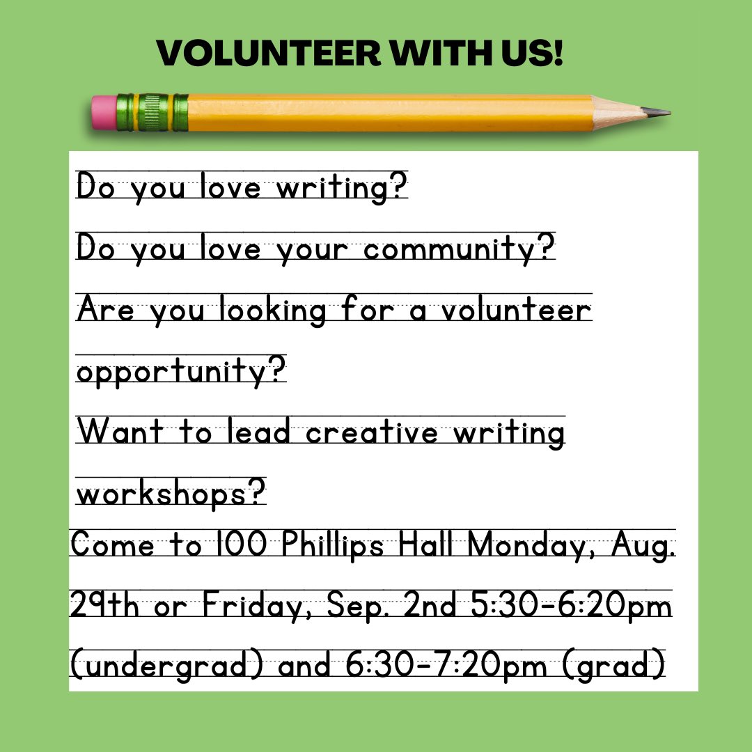 I_Y_W_P's tweet photo. Volunteer with the IYWP! Come to 100 Phillips Hall on Aug 29th or Sep 2nd at 5:30-6:20pm (undergrad) and 6:30-7:20pm (grad) to learn more or use this link to fill out the Volunteer form: https://t.co/JgTmOK1MLB https://t.co/tQAMSPnWqQ