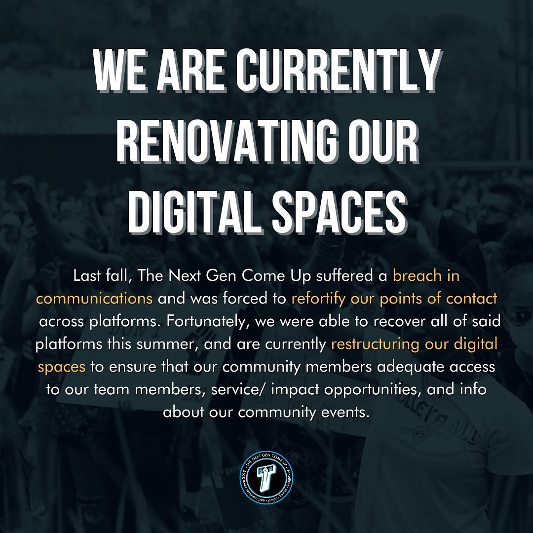 thenextgencu's tweet photo. Greetings Family! The Next Gen Come Up is recovering from a communications breach and is renovating its digital spaces🤍 We’re excited to get back into the swing of engaging with you all and encourage you to subscribe to our mailing list: https://t.co/gUSpbxh2Ib https://t.co/19ZdHoqzHW