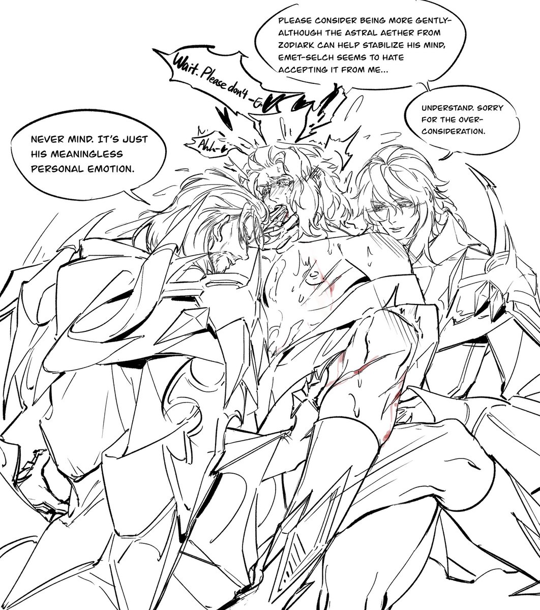 Lahabrea➡️Emet-Selch⬅️Elidibus
Emet failed to refuse the consolidation of enthralling from Zodiark- again (? 