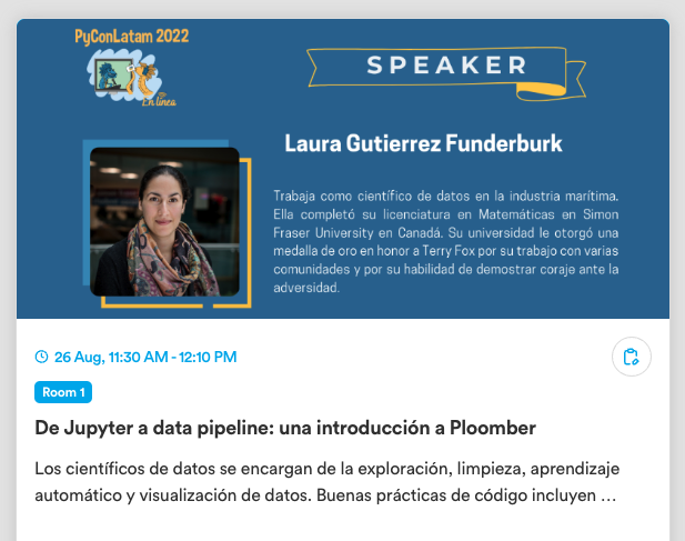 PyLatam's tweet image. Completamos un primer bloque de charlas con excelentes expositores de nuestra comunidad #Python. 🐍🎉
Muchísimas gracias por participar de esta edición #PyConLatam22 son lo máximo.🥳

👩‍💻Laura Gutierrez
👩‍💻Leandro E. Colombo
👨‍💻Javier Gutierrez
👩‍💻Tatiana Delgadillo

#Python🐍
#PyCon