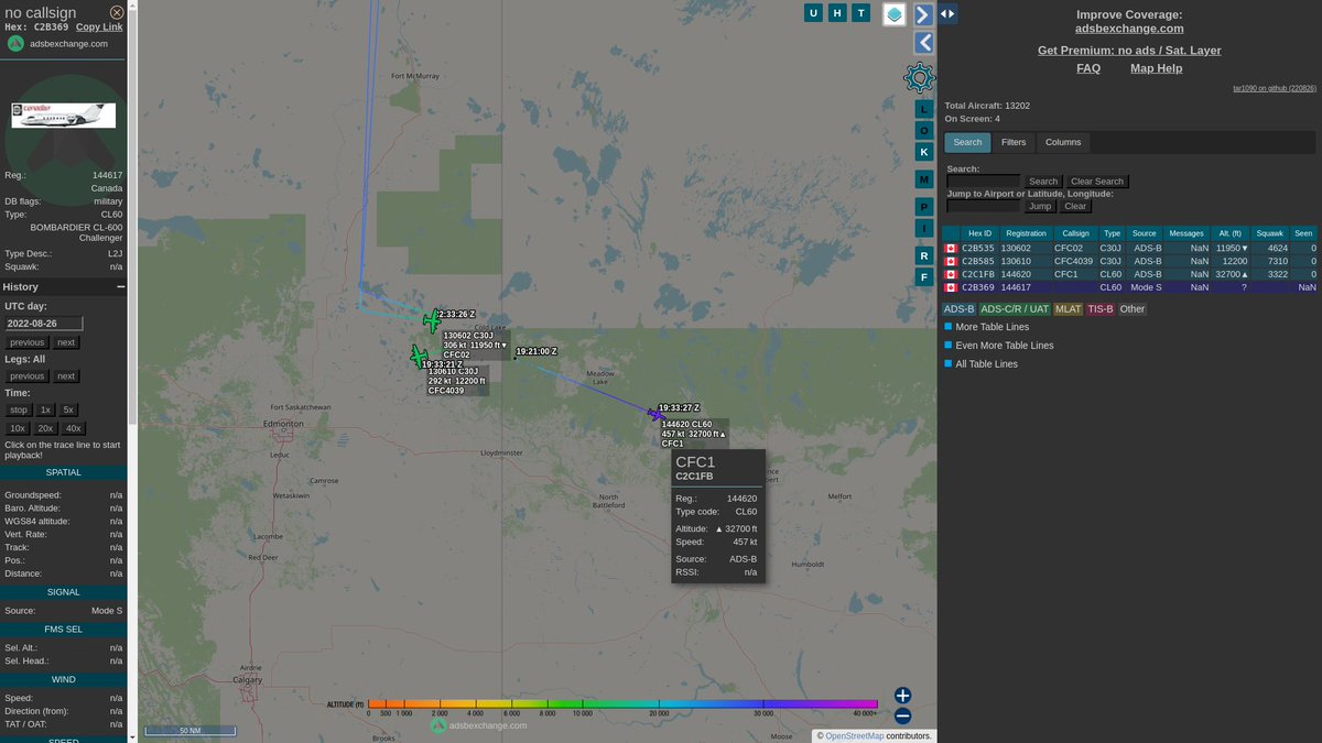 steffanwatkins's tweet photo. We have #RCAF CC-144D 144620 #CFC1/#CFC01 back in the air heading home (I presume), and we have 130610 call sign #CFC4039, one of the CC-130J Hercules transports, heading back to Edmonton.
130602 and 144617 haven't left yet
https://t.co/05jVfid8vX
#C2B535 #C2B585 #C2C1FB #C2B369 https://t.co/d8Xm47WANn