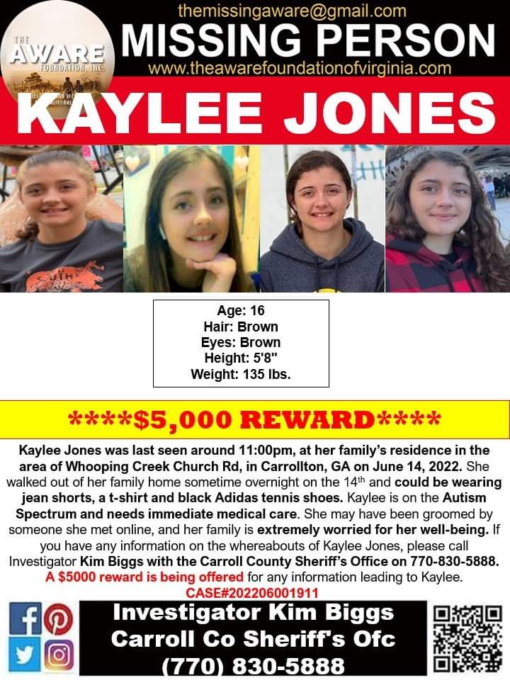 aware_the's tweet photo. ****MISSING****
$5000 REWARD BEING OFFERED
Kaylee Jones was last seen around 11:00pm, at her family’s residence in the area of Whooping Creek Church Rd, in Carrollton, GA on June 14, 2022. She walked out of her family home sometime overnight on the 14th. https://t.co/NjuWwgeMyK