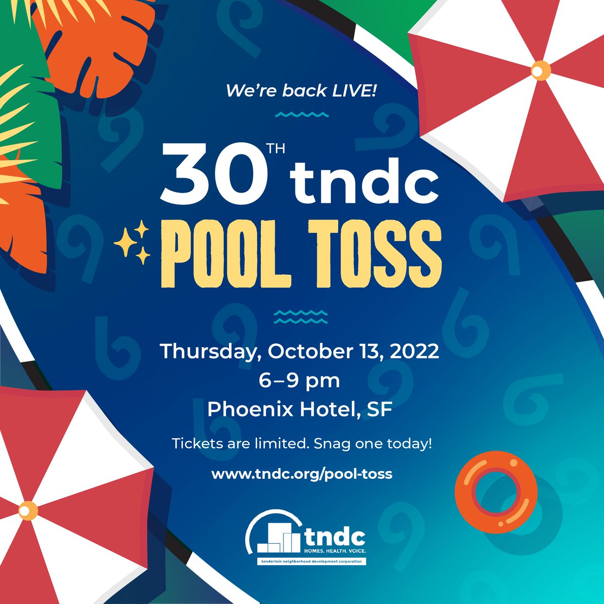 TNDC's tweet image. TNDC's iconic #PoolToss is back LIVE!⛱️

Join us on 10/13 for the 30th year of your colleagues, bosses, &amp;amp; friends belly-flopping to benefit #TASPKids at the Tenderloin After-School Program!

Snag a ticket before they run out: ow.ly/FIfW50Ktvn7