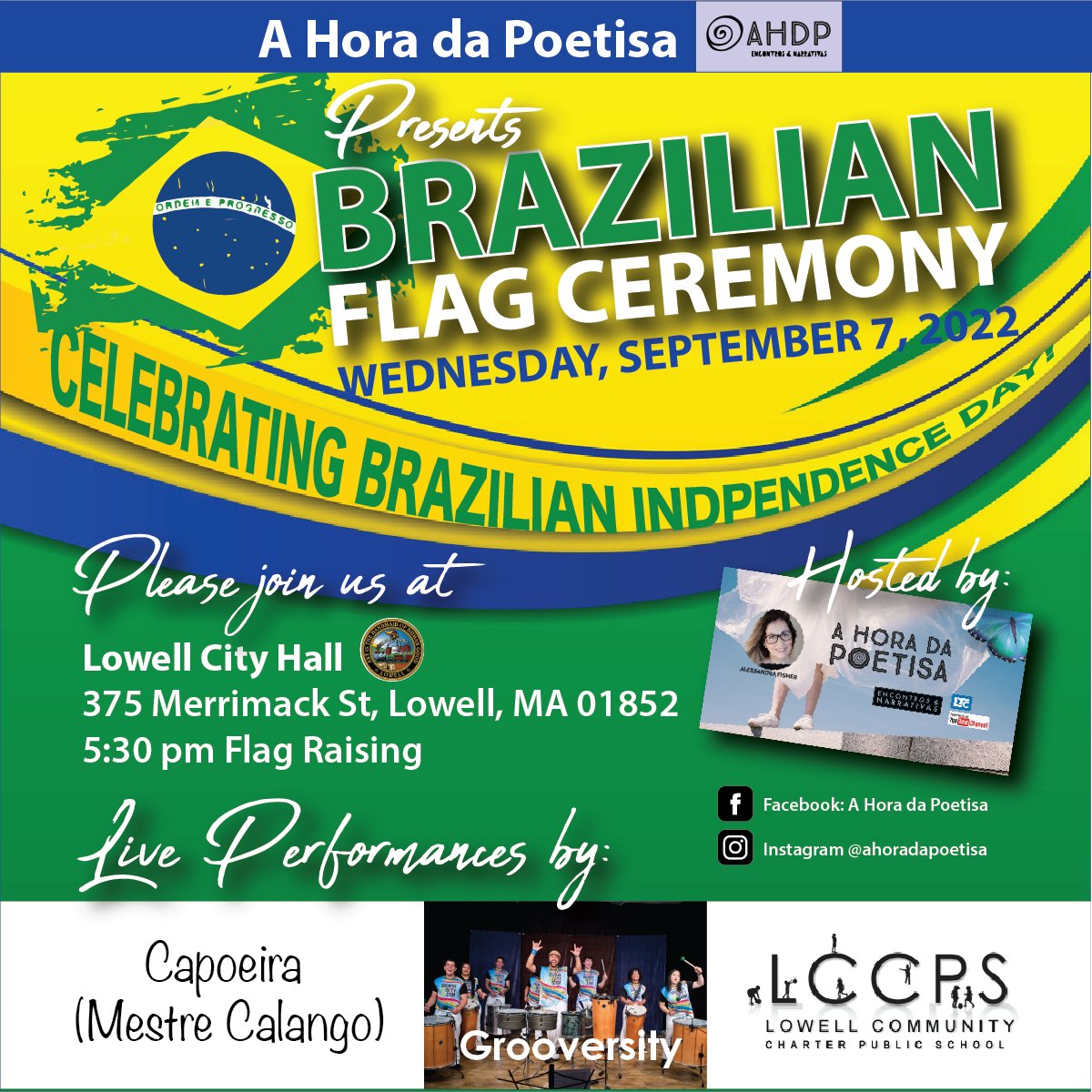 lowellcomchrtr's tweet photo. SAVE THE DATE! LCCPS performing arts students will be performing at this year's Brazilian Flag Ceremony at Lowell City Hall! Thank you to A Hora da Poetisa for including our students in this celebration. We can't wait! https://t.co/D9eQPk6oX2