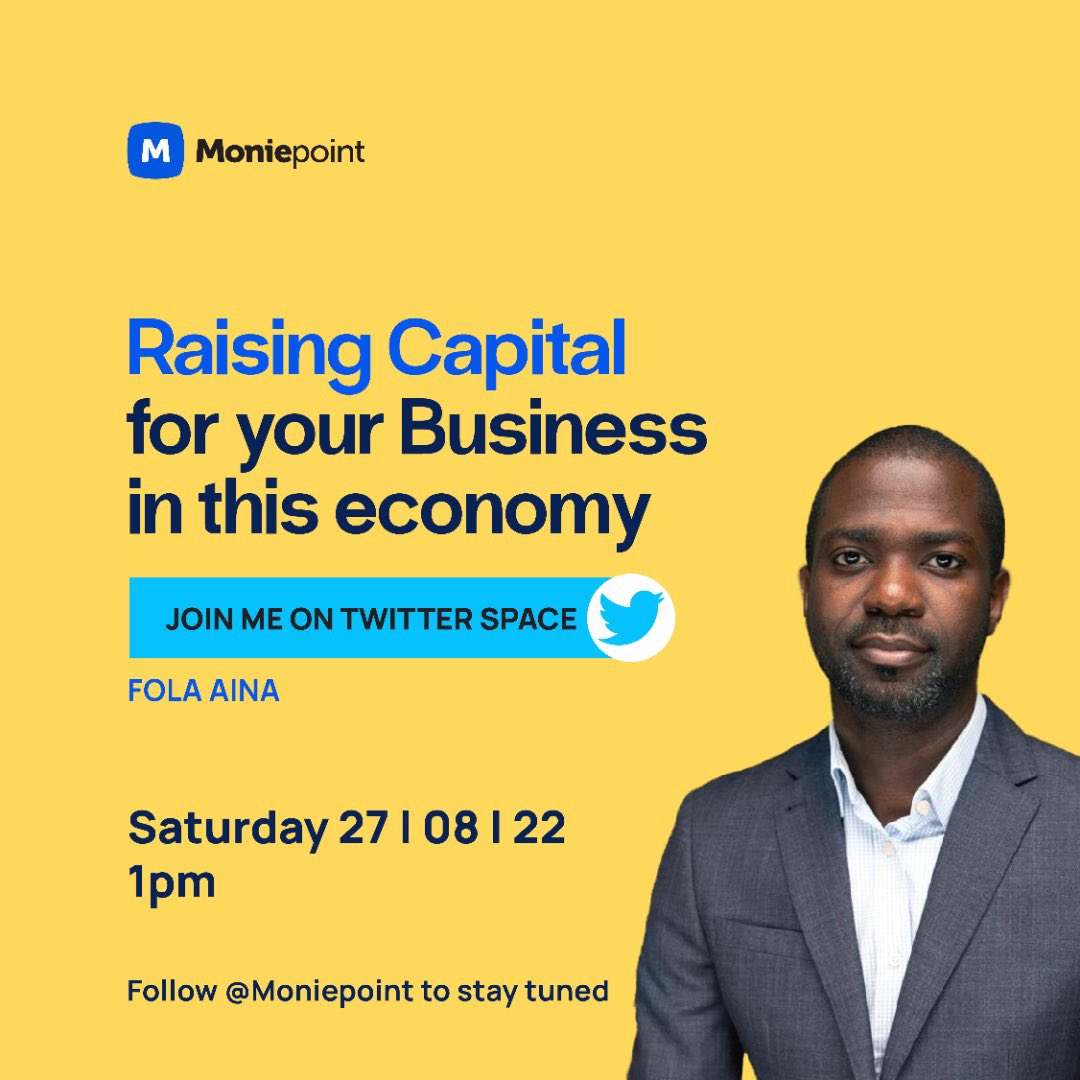 folanski's tweet photo. Are you a business owner or an aspiring business owner?

Then make sure to you join me tomorrow at 1pm WAT to discuss Raising Capital for Your Business in This Economy! 

You definitely don’t want to miss this! Share the word. 

This event is powered by @moniepoint https://t.co/iIqZ8X1rc3