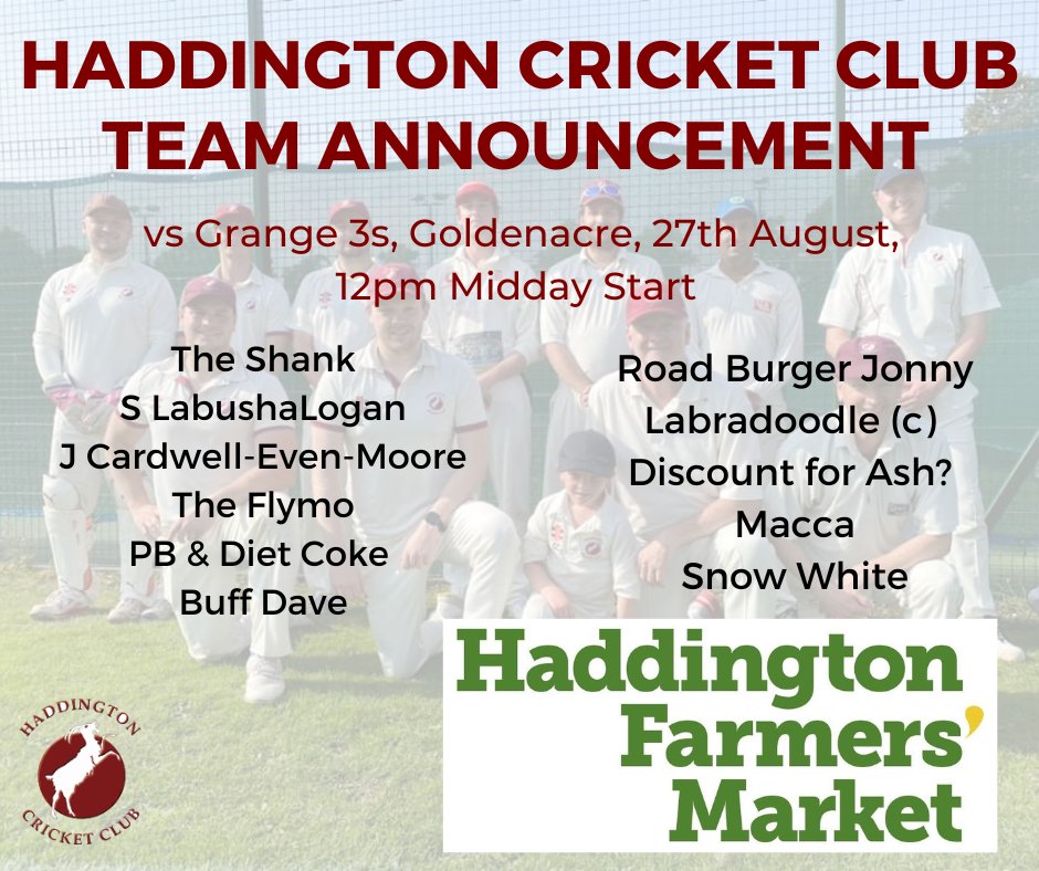 Haddington Cricket Club (@haddington_cc) on Twitter photo Its the last league game of the season and admin got bored so here is a team announcement so you know we are fun and nice.
Away <a href="/GrangeCC/">Grange Cricket Club</a> 3s (which is at least as good as most clubs' 2s, don't you know?)
Once more for "mid table" with feeling
Huge shout out to @HaddingtonFM Its the last league game of the season and admin got bored so here is a team announcement so you know we are fun and nice.
Away <a href="/GrangeCC/">Grange Cricket Club</a> 3s (which is at least as good as most clubs' 2s, don't you know?)
Once more for "mid table" with feeling
Huge shout out to @HaddingtonFM
