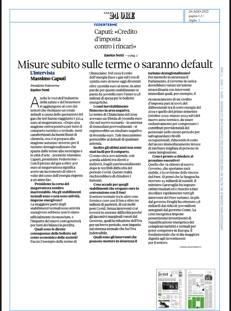federterme's tweet photo. Oggi su @sole24ore l’intervista del Presidente Federterme Massimo Caputi: “Misure subito sulle terme o sarà default” #energia #turismo #economia #terme https://t.co/EzzV7X2LQl