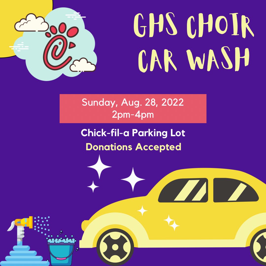 Come see us at Granbury Chick-fil-A this Sunday for our car wash and support your GHS Choir! Tell your friends! 8/28 2-4pm