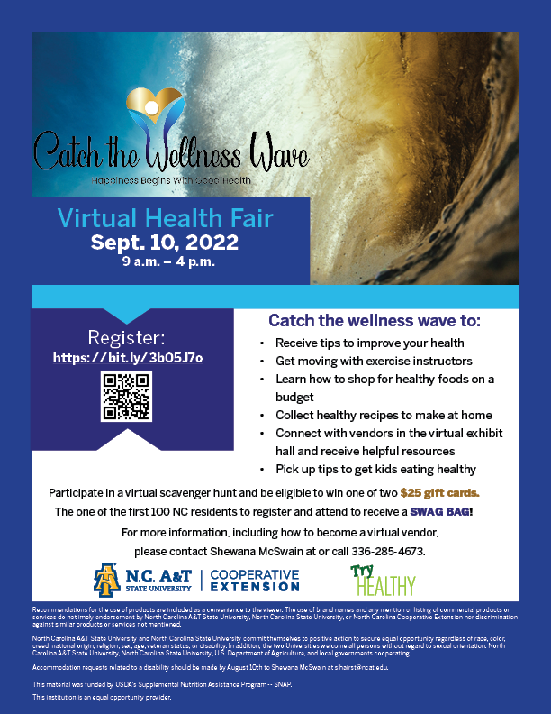 Happiness begins with good health, and  Extension at A&amp;T invites you to Catch the Wellness Wave! Learn healthy eating and fitness tips and pick up a swag bag at this virtual event, 9am - 4pm Sept. 10. Register: bit.ly/3AnPLNf 
#AggiesDo <a href="/ncatcaes/">N.C. A&T CAES</a>