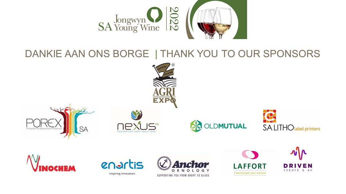 sayoungwine's tweet photo. We would like to express our gratitude to our partners for making this event possible:
@AgriExpo1 @PorexRxSA, @AnchorOenology, #Vinochem @LaffortRSA @Enartis_RSA #Nexus, &
@OldMutualSA #SALitho #DrivenEvensandAV and the South African National Wine Show Association! https://t.co/IVidG9wkF4