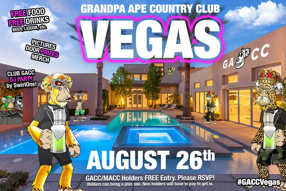 GrandpaApeCC's tweet photo. #GACCVEGAS Attendees all information for the event tonight is in our Discord in Country Club Announcements! Tune into our special Vegas edition Spaces tonight and see you on the Greens! https://t.co/sSwd4oh0q0
