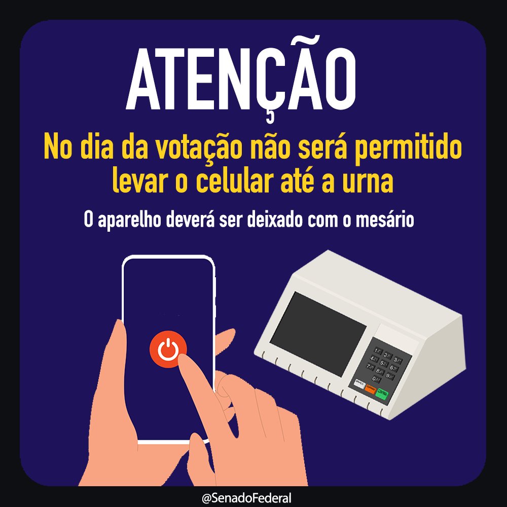 SenadoFederal's tweet photo. Segundo o @TSEjusbr, o celular deve ser entregue pelo eleitor ao mesário junto com o documento de identificação https://t.co/ktIXP2BgVB https://t.co/R8qDSH9HlF