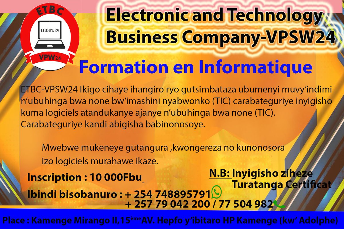NiyonzimaProsp9's tweet photo. #ETBC-VPSW24 #ElectronicAndTechnologyBusinessCompany is ready imformatic and language trainings https://t.co/jMl0Ynwp9N