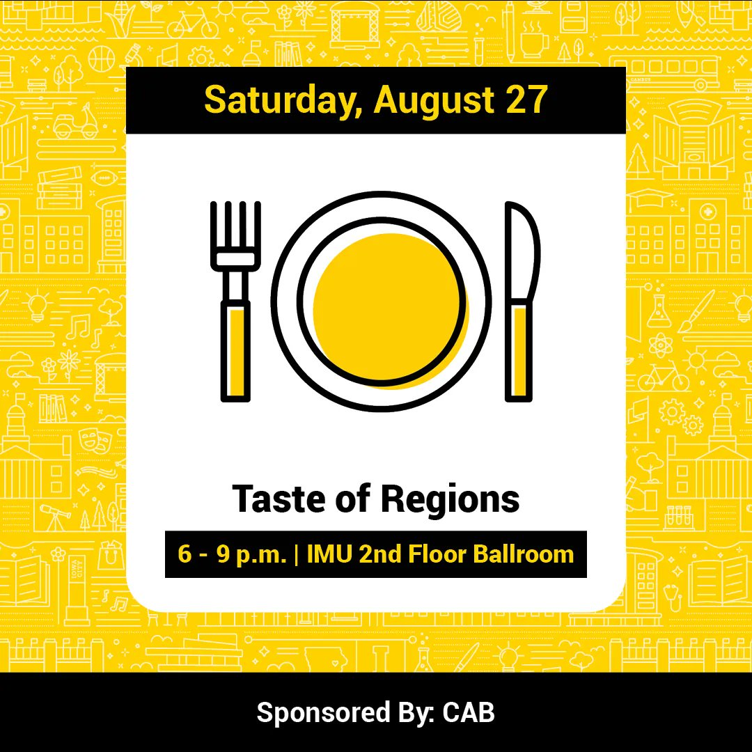 Happy Engaged Hawkeyes Week! On Saturday, check out the Fraternity and Sorority Life Fun Fair in Hubbard Park (noon-2 p.m.) and foods from around the United States at CAB's "Taste of Regions" event from 6-9 p.m. Learn more at buff.ly/3QYqZda. #EngagedHawkeyesWeek 🖤💛