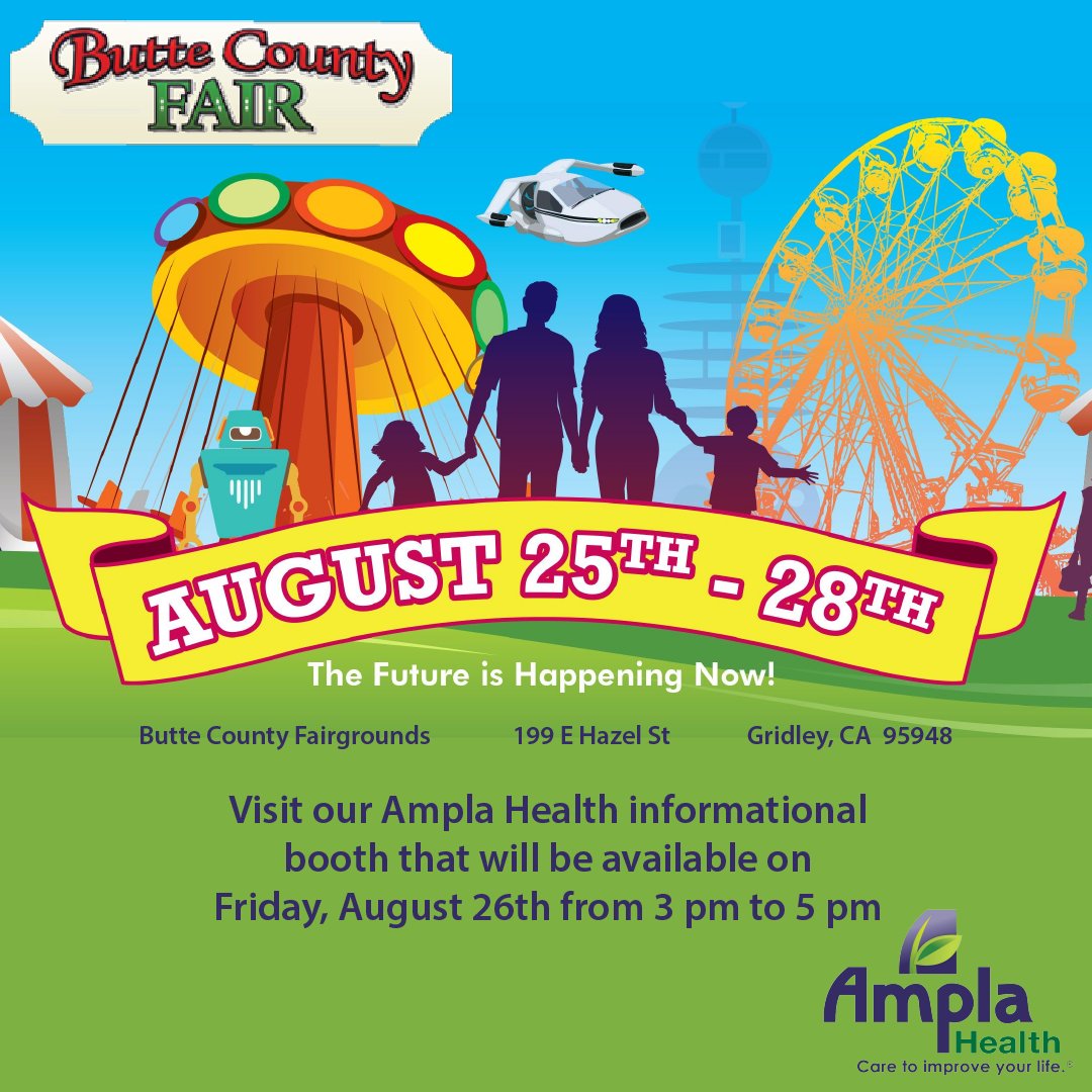 amplahealth's tweet photo. Ampla Health staff will be participating at the Butte County Fair on Friday August 26 from 3 PM - 5 PM. We will have an informational booth with health education, insurance enrollment information, and goody bags. Come join us! Follow, Like, & Share. #AmplaHealth #buttecountyfair https://t.co/XERlW8ZBbd