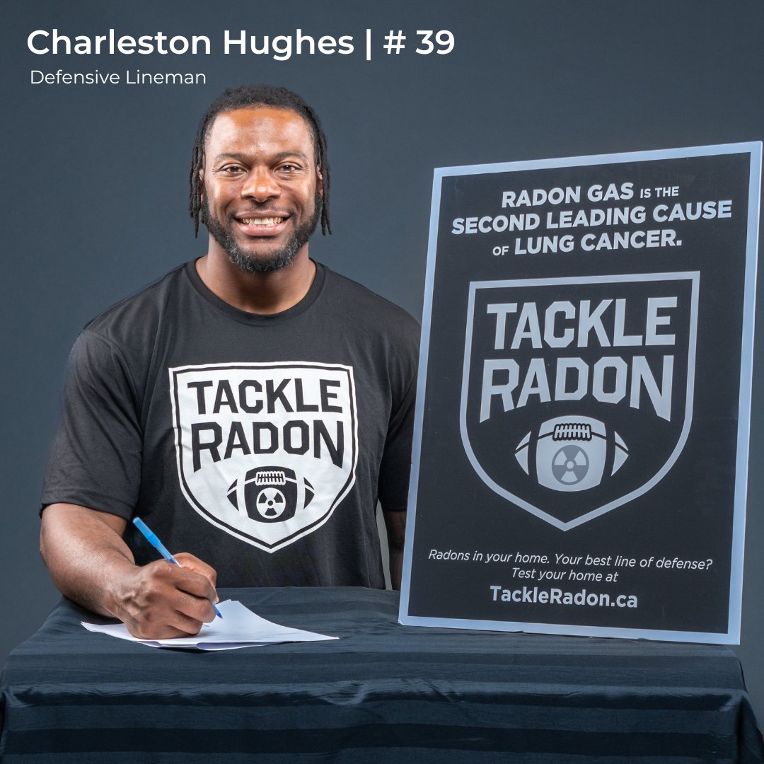 HomeRadonTest's tweet photo. We are excited to ‘sign’ Charleston Hughes as Season 4 Tackle Radon Ambassador! @SaskaTchewan2 
 A veteran player, Charleston uses his platform to spread awareness about the dangers of radon. 
 
Learn more at https://t.co/cGVYaYnnQL 
#TackleRadon #radon #lungcancer https://t.co/rvVhhBbn7m