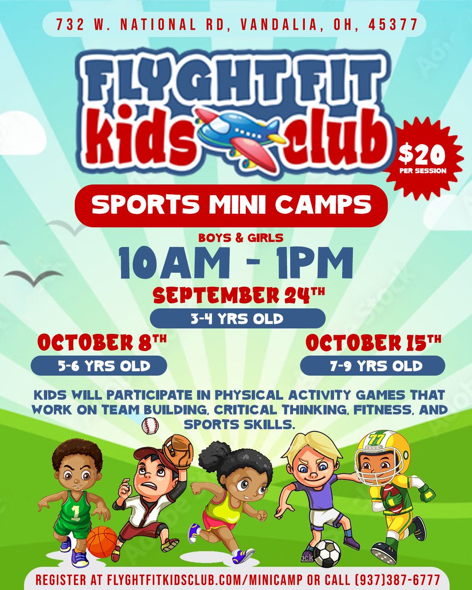 FlyghtFitKC's tweet photo. Register your child for our Flyght Fit Kids Club Mini Camp! https://t.co/aFmSv8T0WP ⚽🏀🏈

👥 Boys and Girl Ages 3-9
📆 Different Dates for Different Ages (Check graphic)
🕗 10am-1pm
🎟️ $20 per child (Pre-register only) https://t.co/WJXDPluQx9