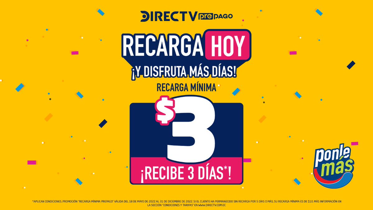 PonleMas's tweet photo. ¿3 días o 30 días? ¡Tú decides!
Recarga tu #DirecTvPrepago y disfruta de más días de programación. 🤩

Pilas!! 
#PonleMás en todos lados. 😃👍🏼

#Recarga #Programación #MásDías #DirecTv #Ecuador https://t.co/JGFQnjJMwB