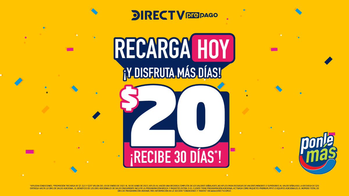 PonleMas's tweet photo. ¿3 días o 30 días? ¡Tú decides!
Recarga tu #DirecTvPrepago y disfruta de más días de programación. 🤩

Pilas!! 
#PonleMás en todos lados. 😃👍🏼

#Recarga #Programación #MásDías #DirecTv #Ecuador https://t.co/JGFQnjJMwB