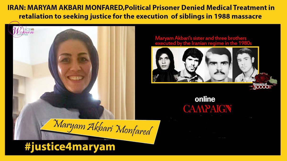 #Iran
Political prisoner Maryam Akbari Monfared is subjected to cruel prison conditions.
The political prisoner in exile Ms. Akbari_Monfared faces new charges the Ministry of Intelligence filed against her. 
#StopTorturingMaryam #مریم_اکبری_منفرد