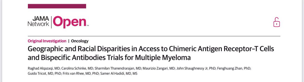 Check out our work published today <a href="/JAMANetworkOpen/">JAMA Network Open</a> : Geographic and Racial Disparities in Access to Chimeric Antigen Receptor–T Cells and Bispecific Antibodies Trials for Multiple Myeloma #mmsm #disparities 
Published while in #IMS2022